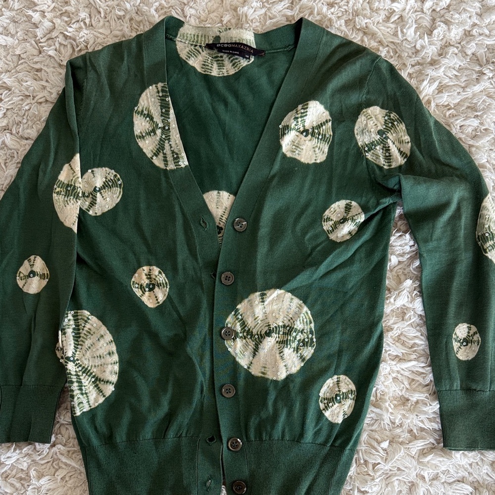 BCBGMaxAzria Green and Cream Patterned Cardigan